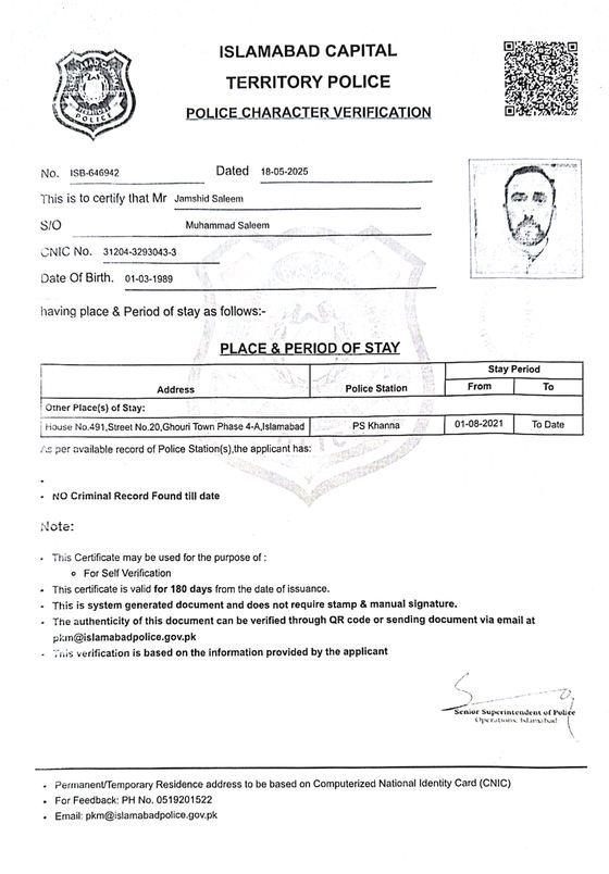 Police character verification for Jamshid Saleem
